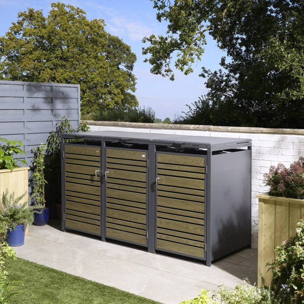 Triple Wheelie Bin Storage Unit, Oak Effect Outdoor Bin Store, Steel Construction with Lockable Doors and Soft Close Lid