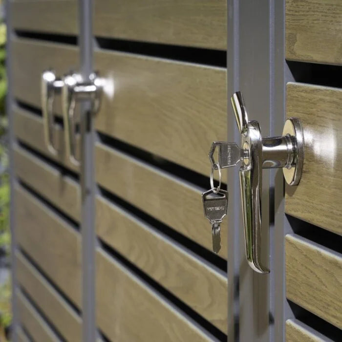 Triple Wheelie Bin Storage Unit, Oak Effect Outdoor Bin Store, Steel Construction with Lockable Doors and Soft Close Lid