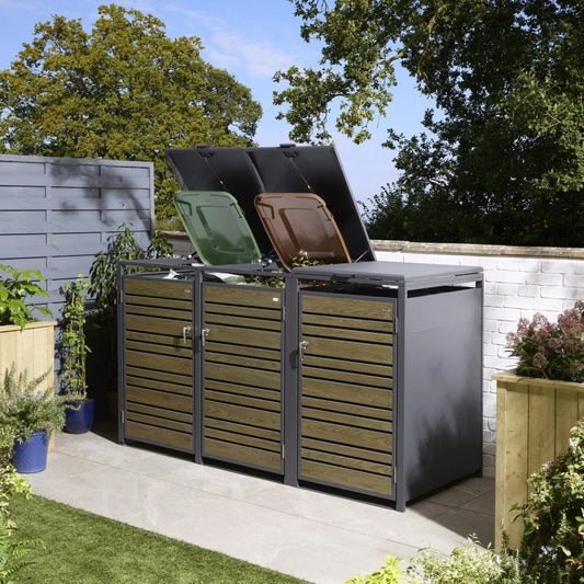 Triple Wheelie Bin Storage Unit, Oak Effect Outdoor Bin Store, Steel Construction with Lockable Doors and Soft Close Lid